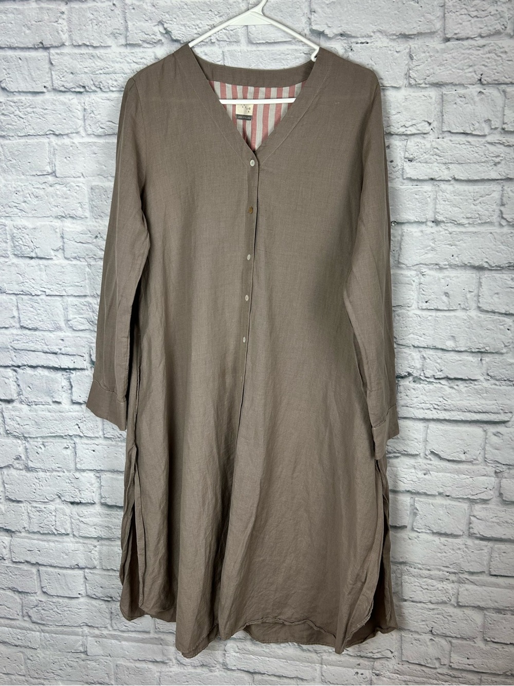 Nicobar Linen Cotton Midi Dress Womens L XL Taupe Long Sleeve Pockets